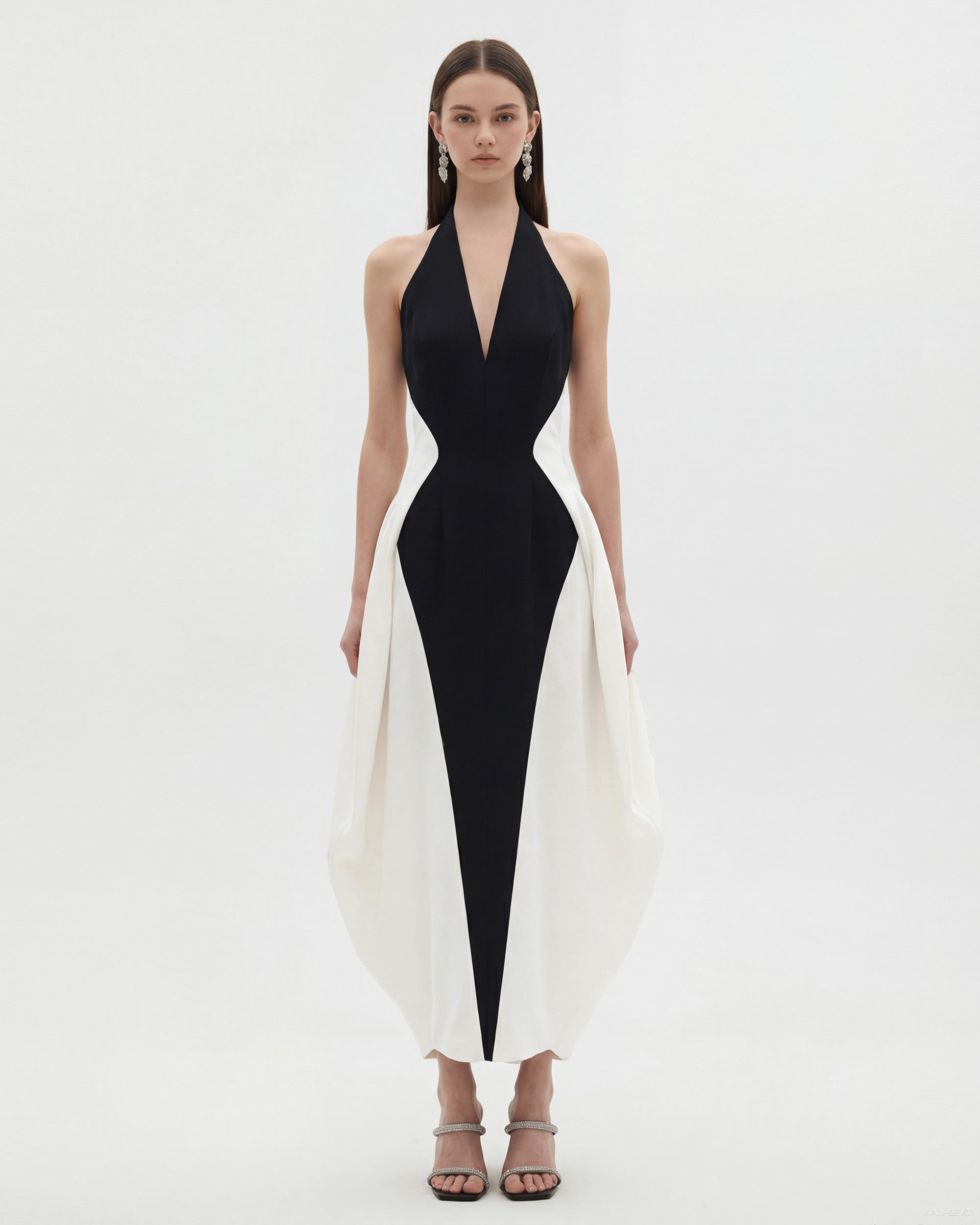 Monochrome Paneled Deep-V Halter Maxi Dress - Black