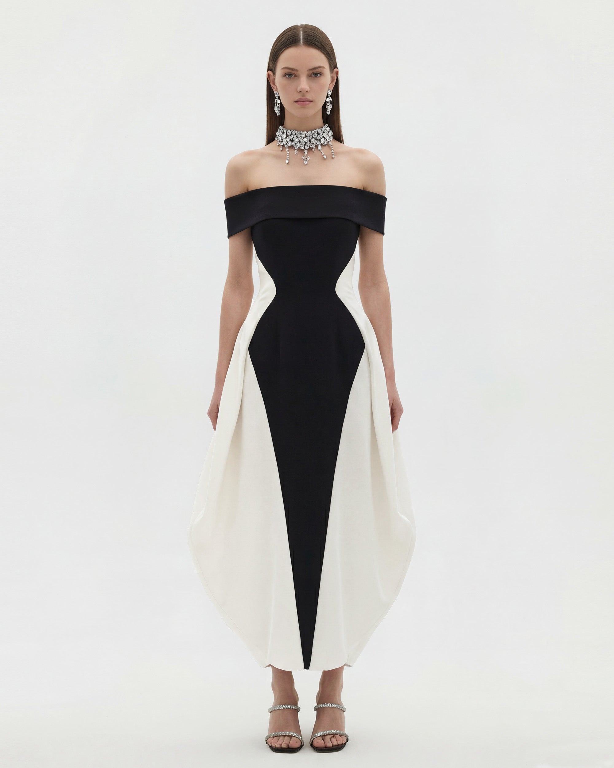 Monochrome Paneled Fold-Over Off-Shoulder Maxi Dress - Black