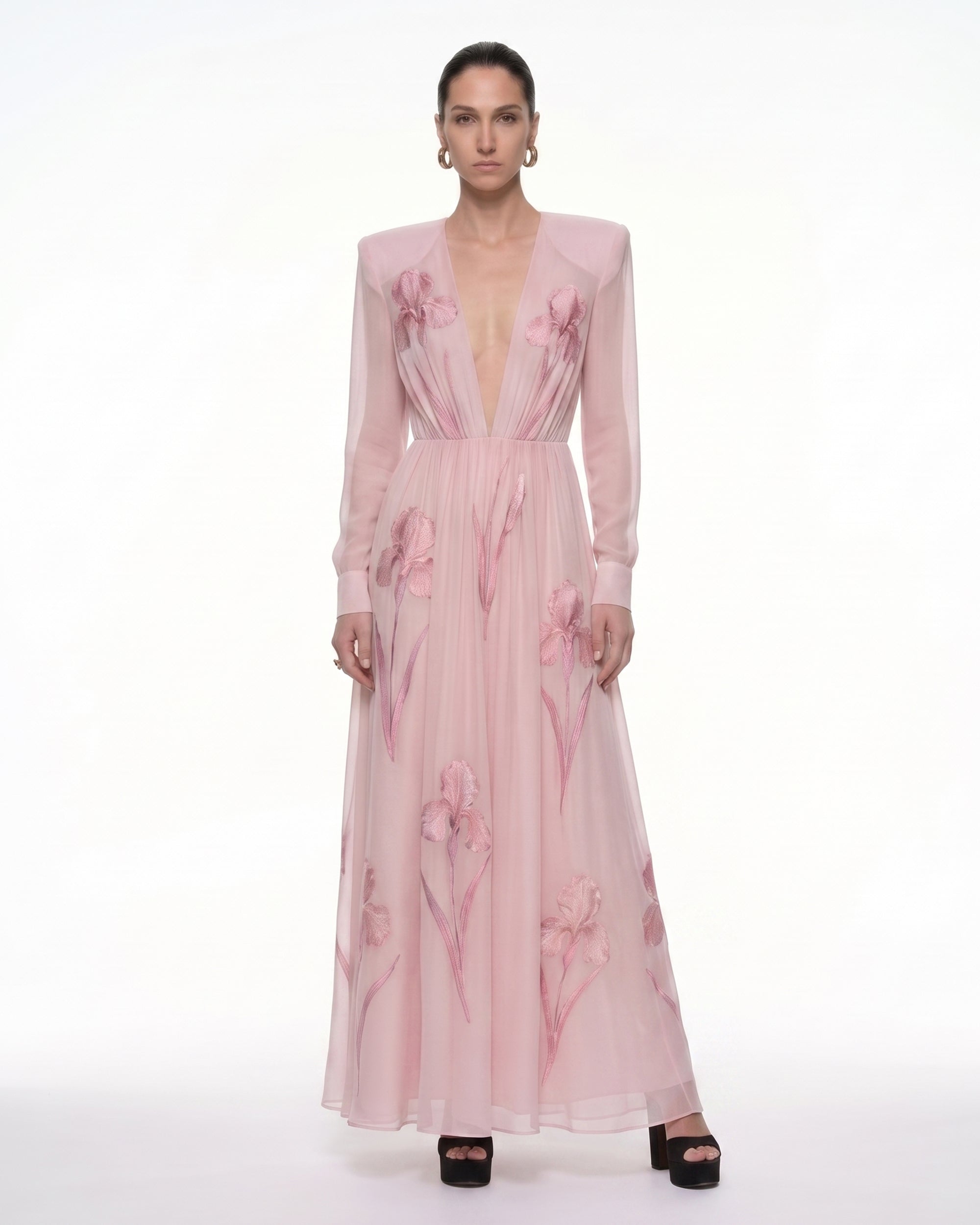 Iris Floral Print Long-Sleeve Sheer Gown - Dusty Pink