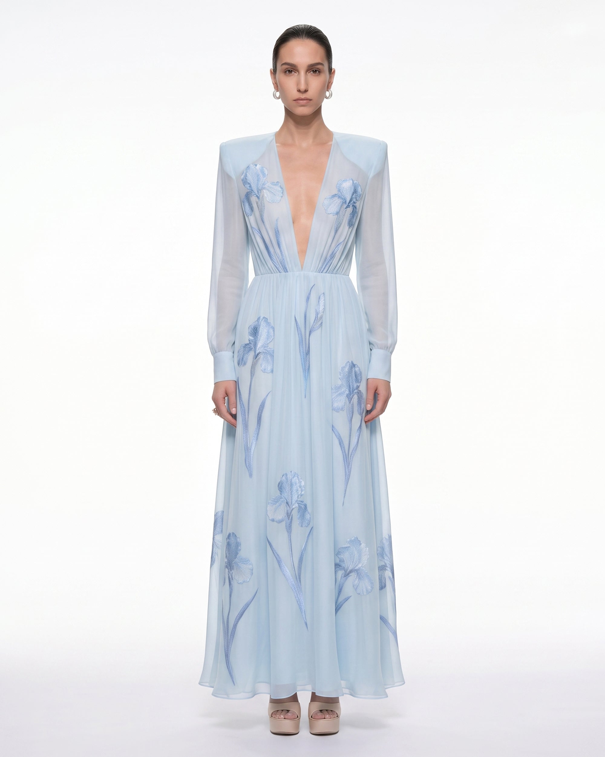 Iris Floral Print Long-Sleeve Sheer Gown - Baby Blue