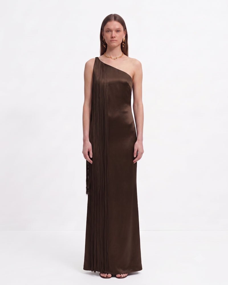 Fringe One Shoulder Maxi Dress - Dark Chocolate