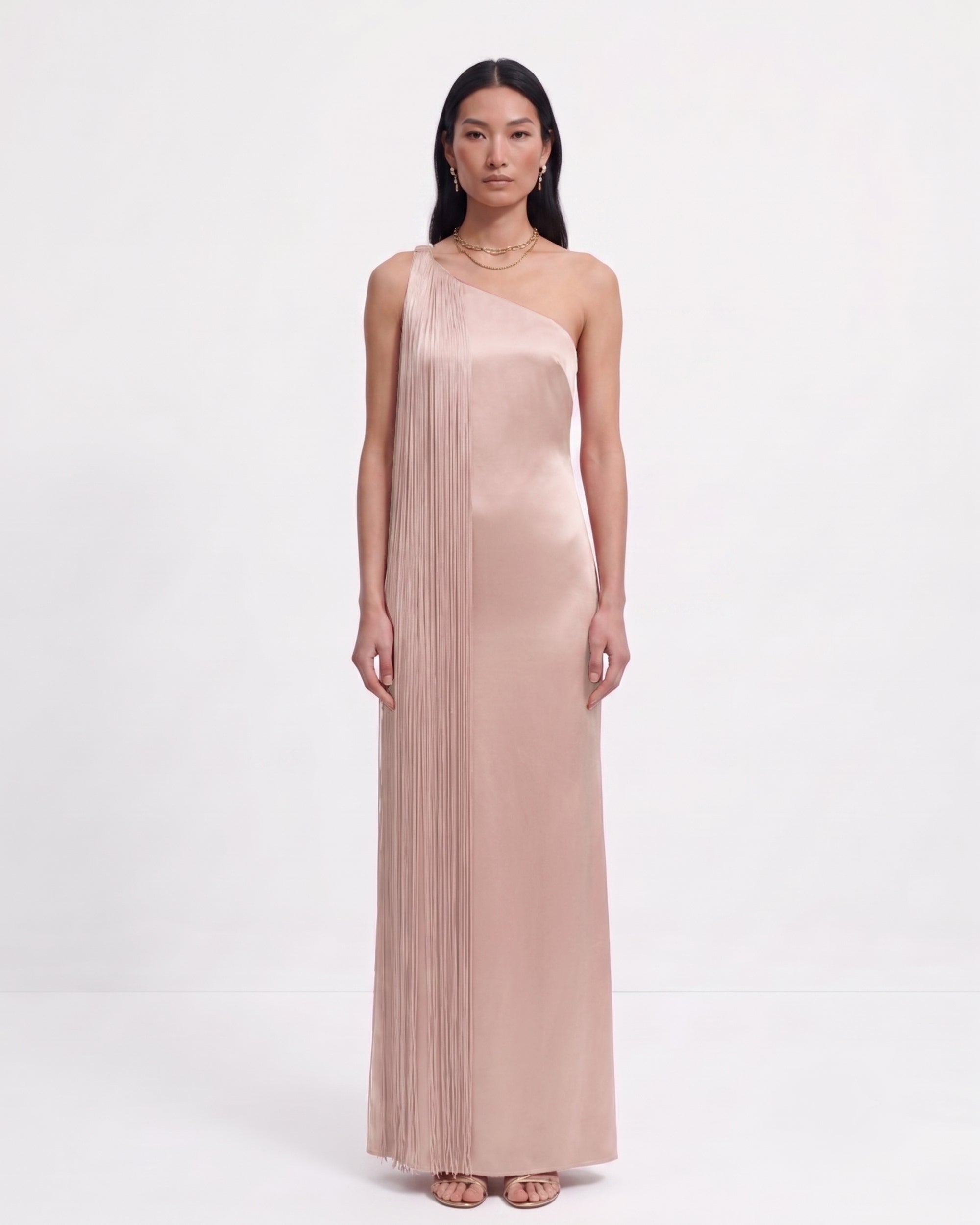 Fringe One Shoulder Maxi Dress - Pink