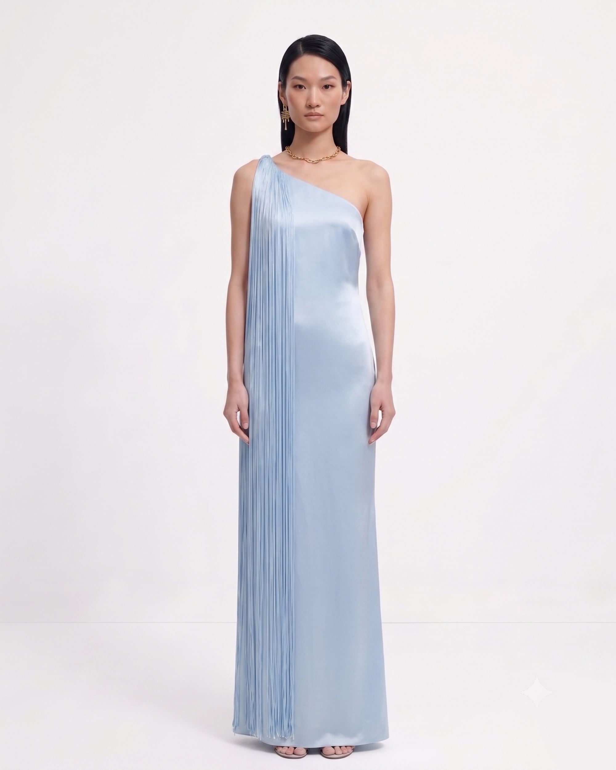 Fringe One Shoulder Maxi Dress - Light Blue