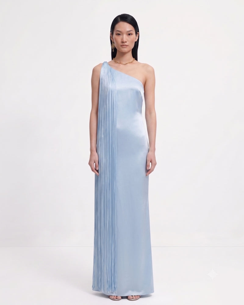 Fringe One Shoulder Maxi Dress - Light Blue