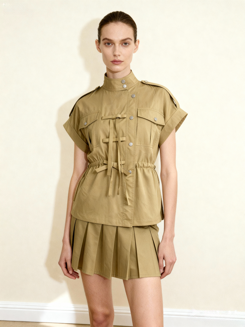 Twill Pleated Mini Skirt - Khaki