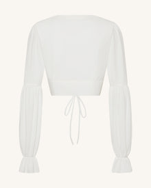 Chiffon Lantern-Sleeve Tie-Front Cropped Blouse - White