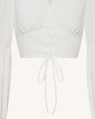 Chiffon Lantern-Sleeve Tie-Front Cropped Blouse - White