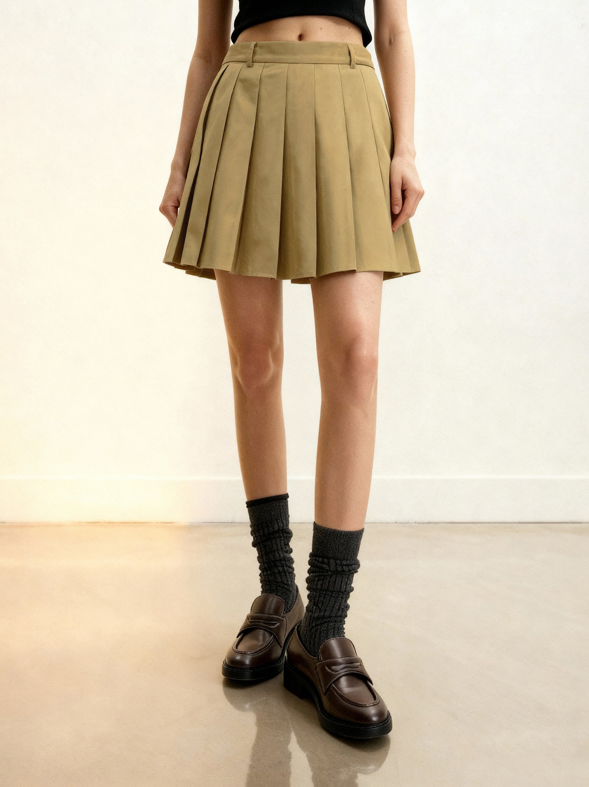 Twill Pleated Mini Skirt - Khaki