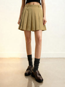 Twill Pleated Mini Skirt - Khaki