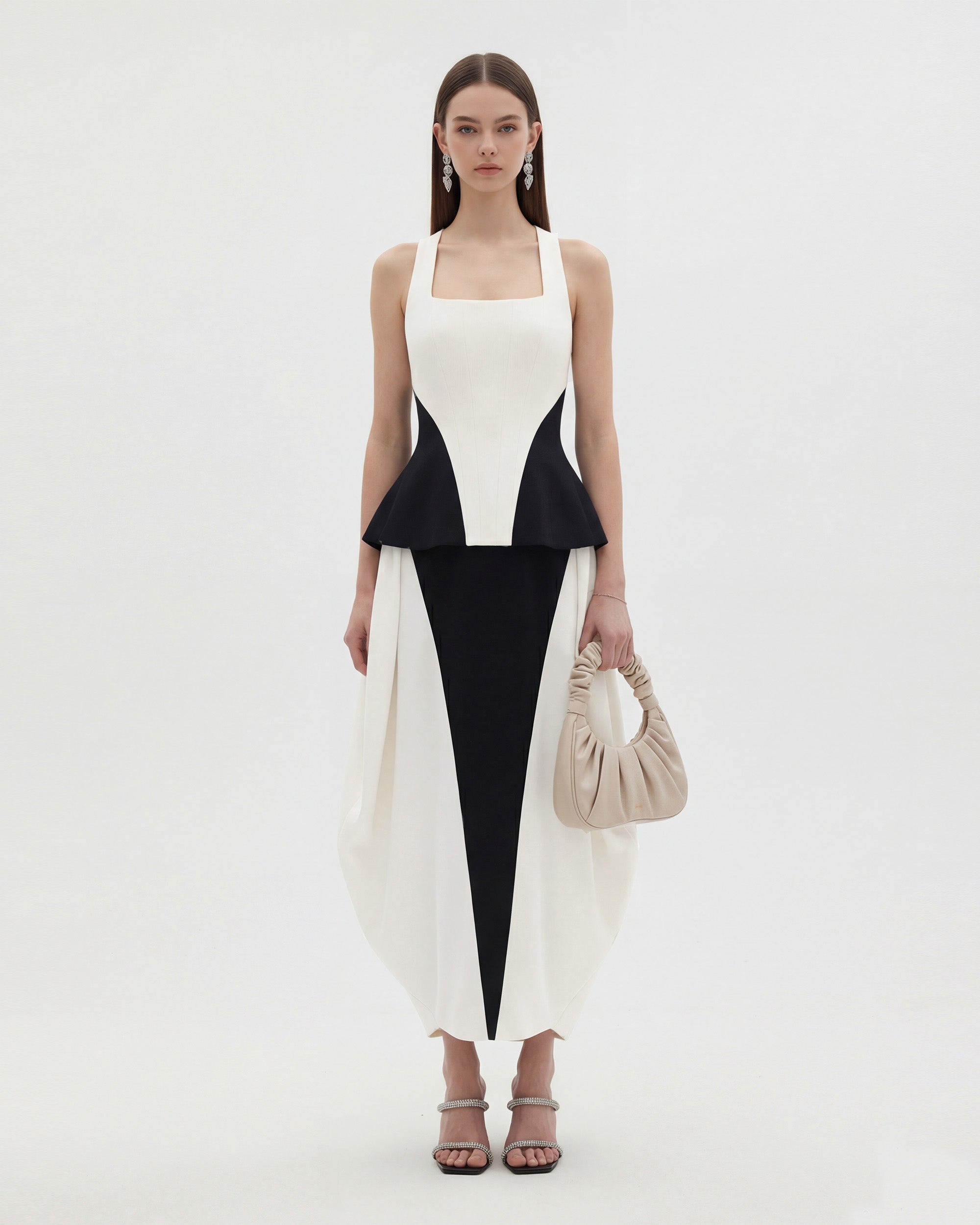Monochrome Paneled Structured Pannier Maxi Skirt - Black