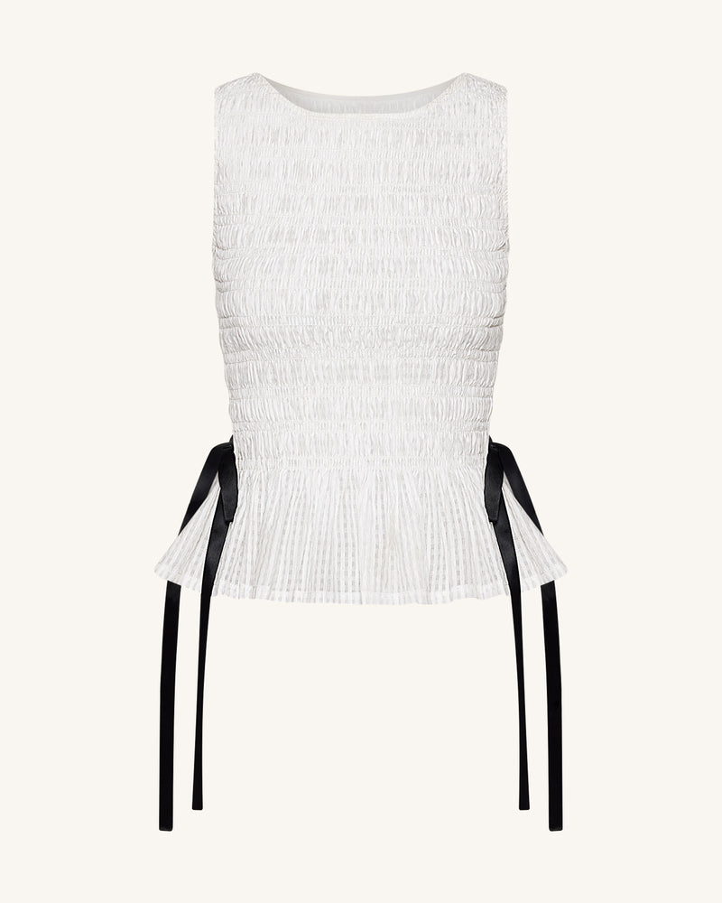 Smocked Peplum Sleeveless Top - White