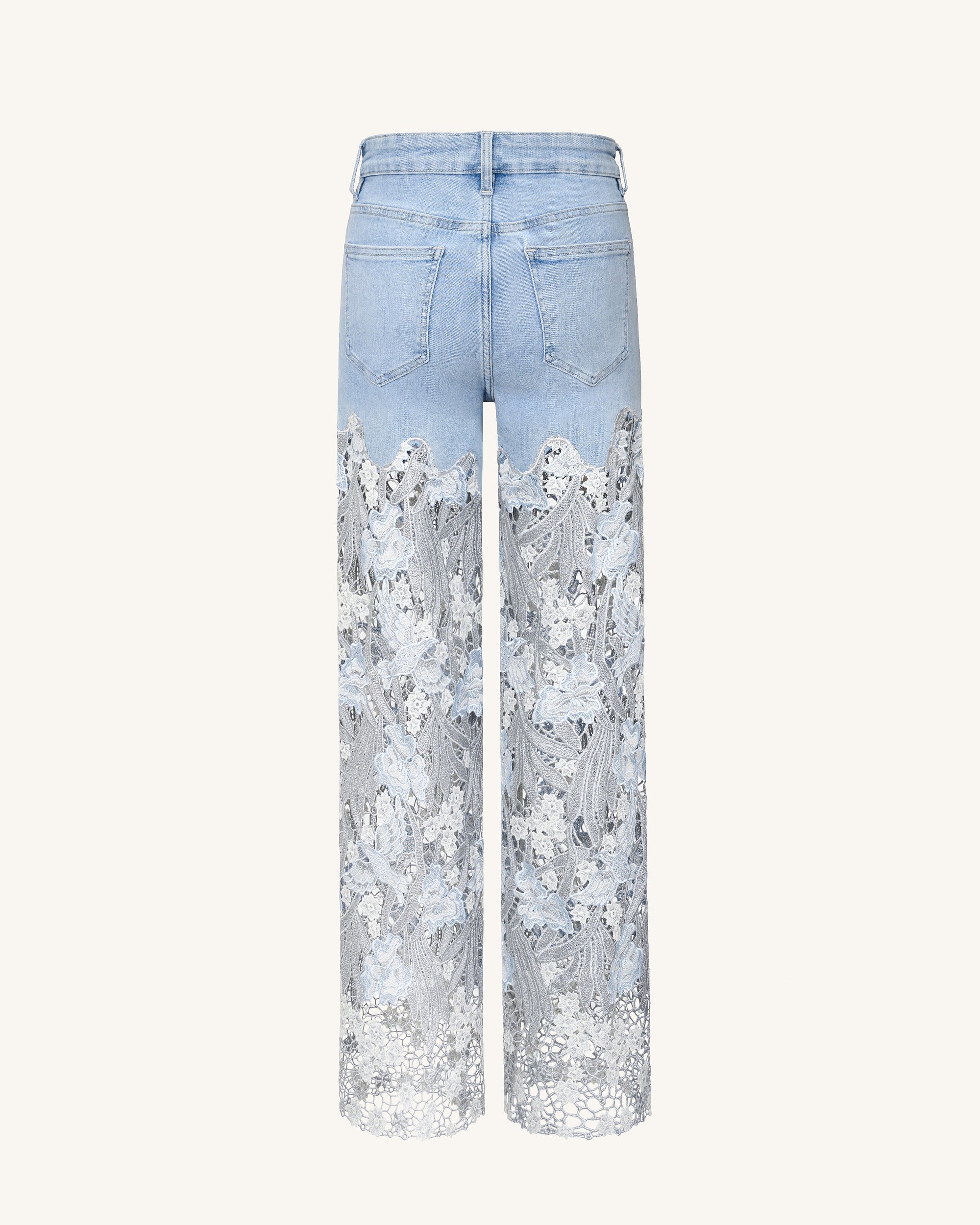 Embroidery High Rise Wide Leg Lace Denim Jeans With Rhinestone - Light Blue