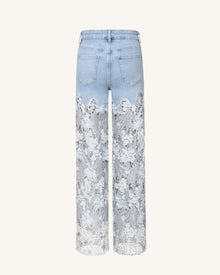 Embroidery High Rise Wide Leg Lace Denim Jeans With Rhinestone - Light Blue