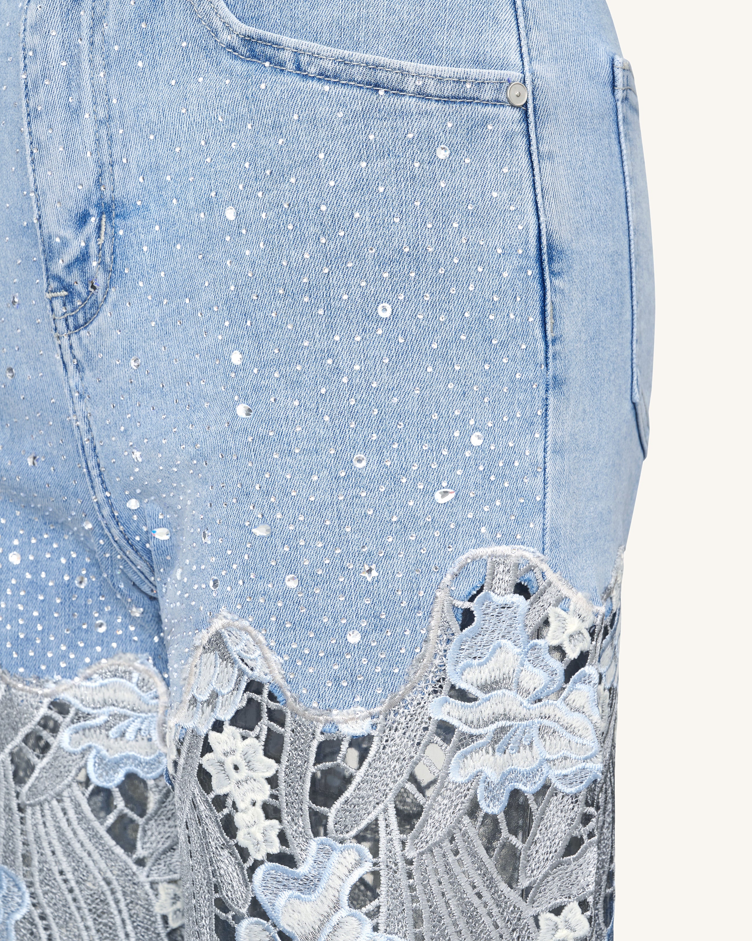 Embroidery High Rise Wide Leg Lace Denim Jeans With Rhinestone - Light Blue