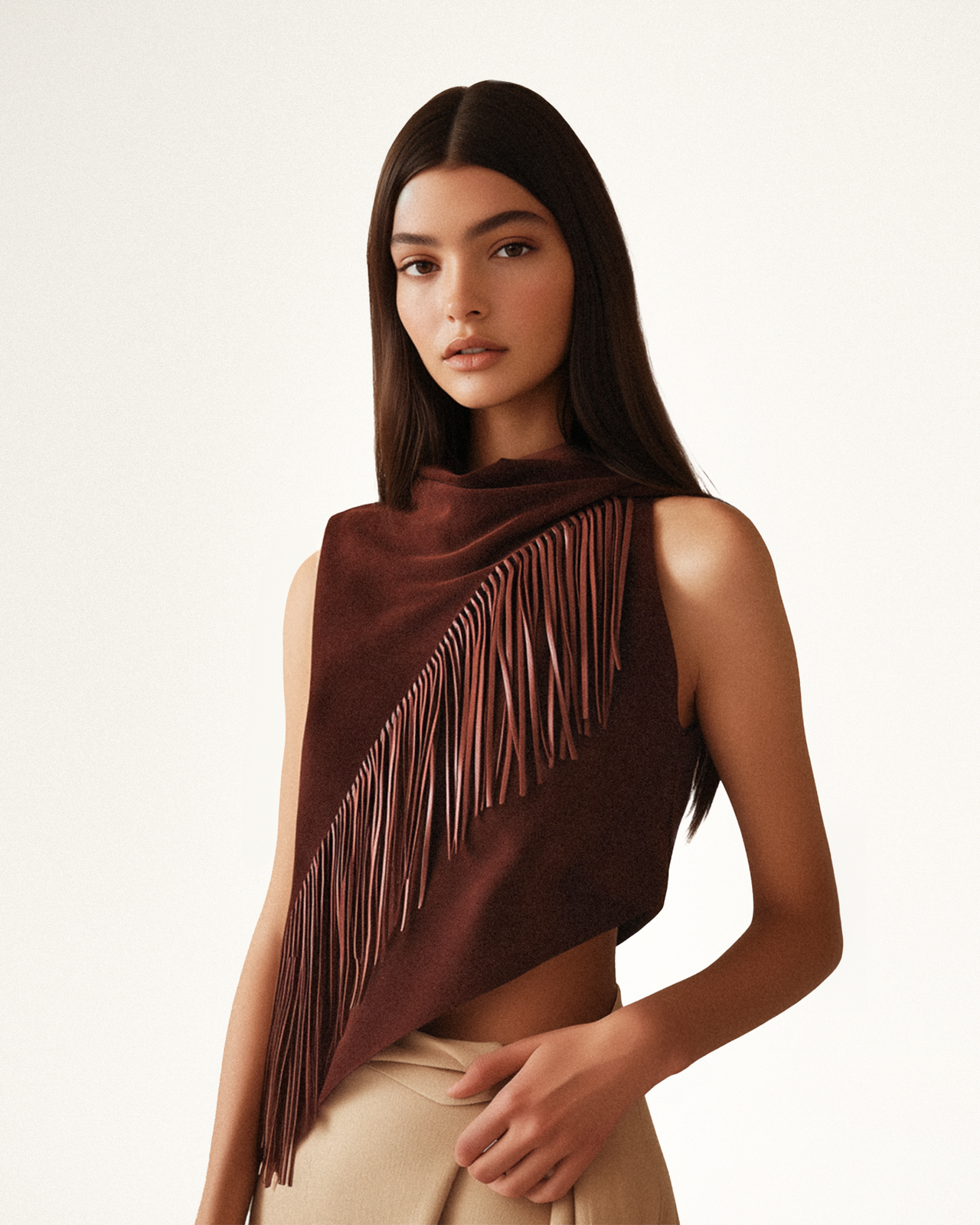 Adeline Asymmetric Fringe Sueded Top - Burgundy