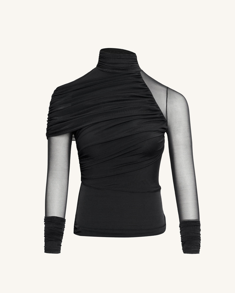 Ella Sheer Ruched Turtleneck Top - Black