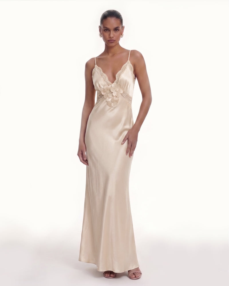 Floral Appliqué Lace Bodice Satin Maxi Dress - Champagne