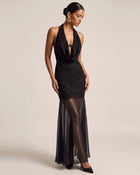 Orchid Beaded Embroidered Sheer Hem Halter Maxi Dress - Black