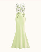 3D Floral Strapless Satin Slit Maxi Dress - Light Green