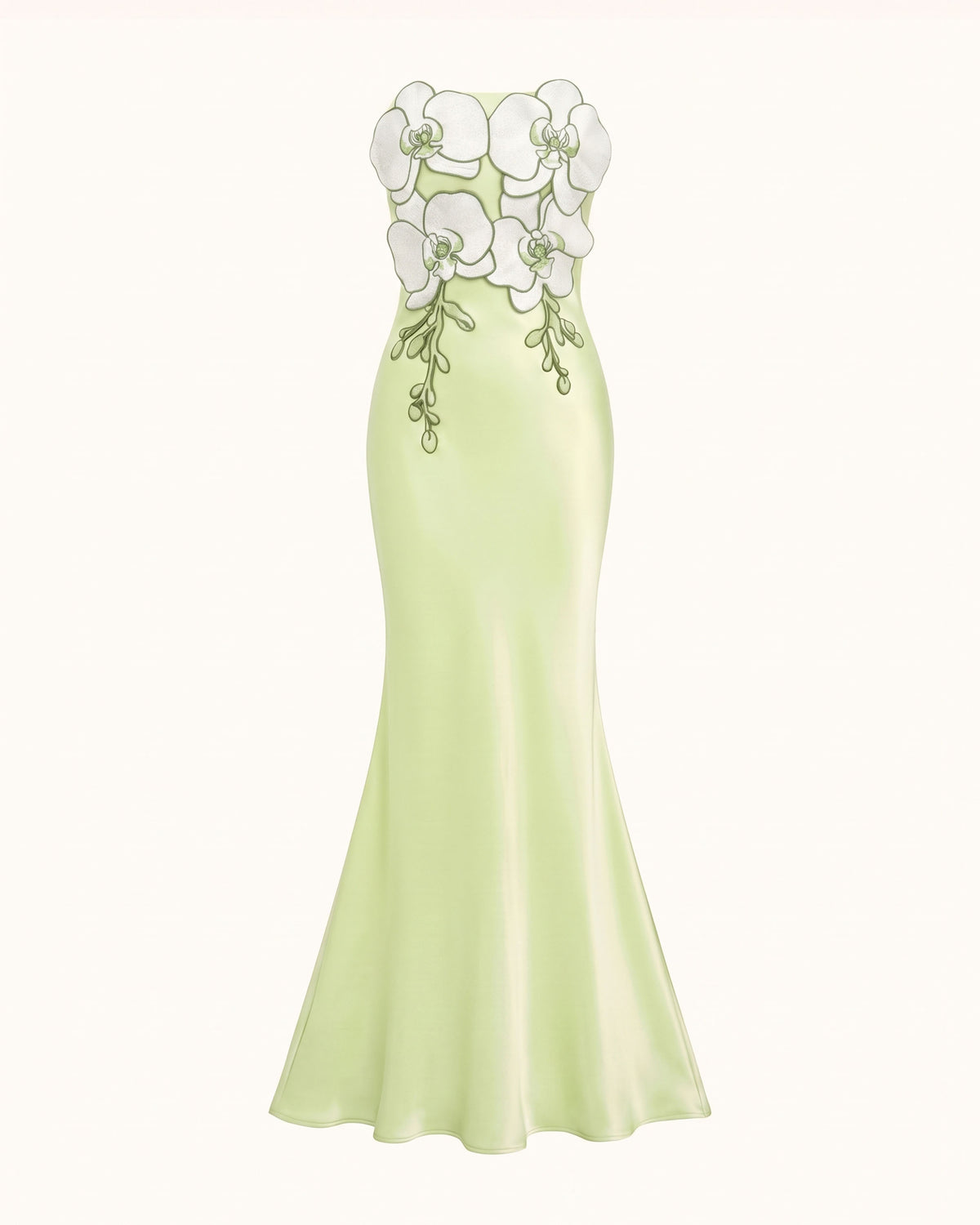 3D Floral Strapless Satin Slit Maxi Dress - Light Green