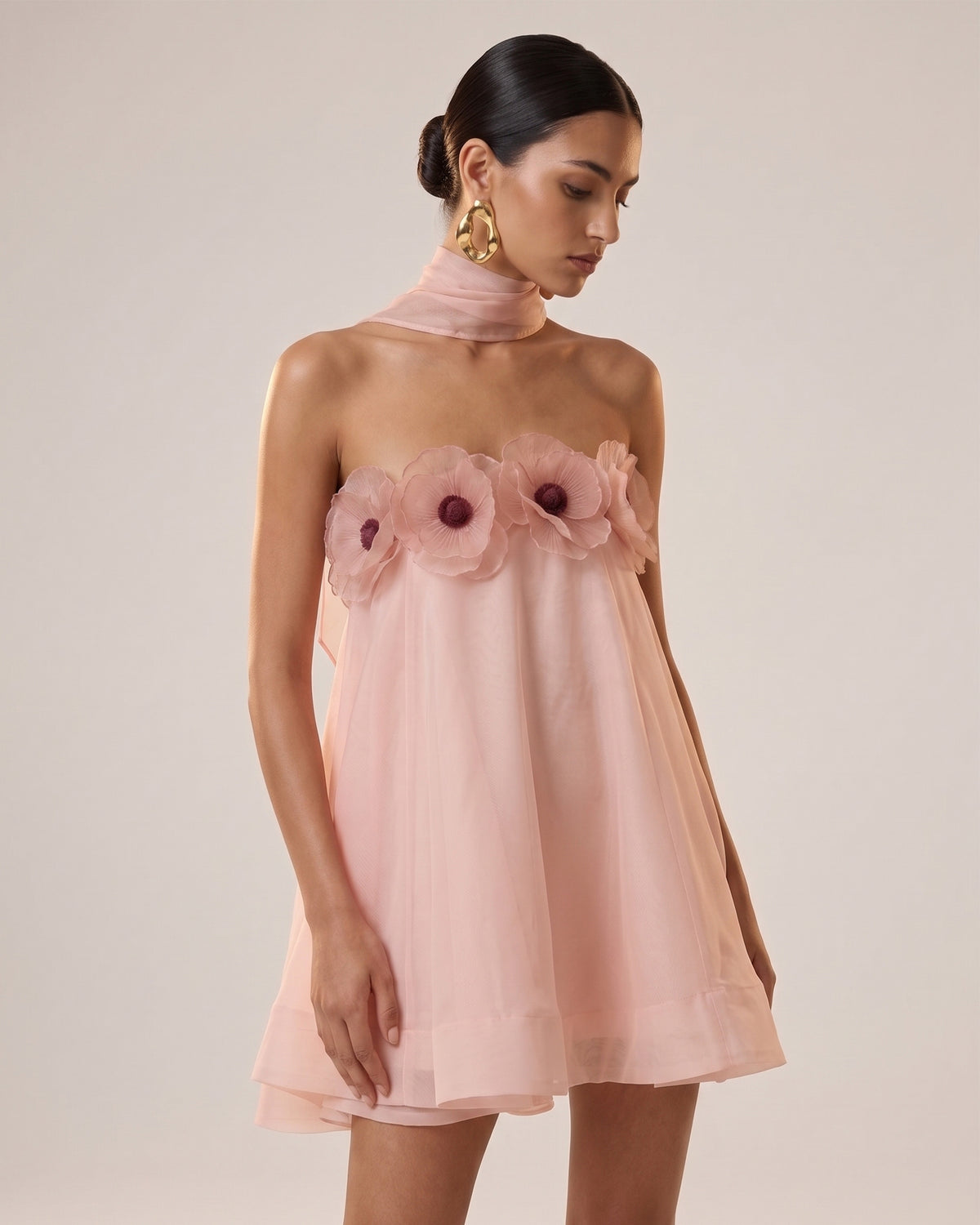 Poppy Embroidered Draped Halter Mini Dress -Blush Pink