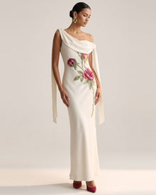 Rose Embroidered One-Shoulder Drape Gown - Pure White