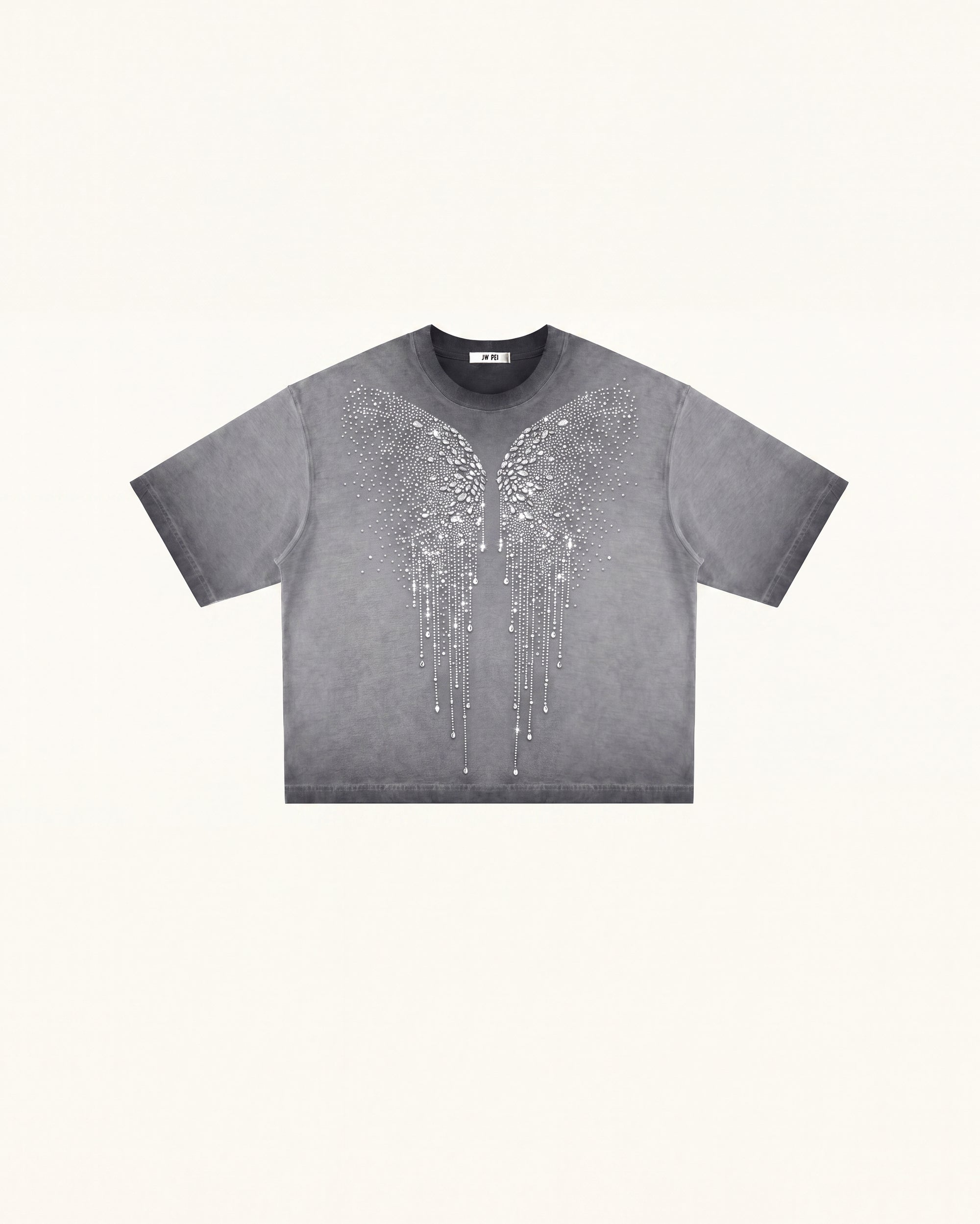 The Angelic Dripping Crystal Wings Tee - Washed Grey