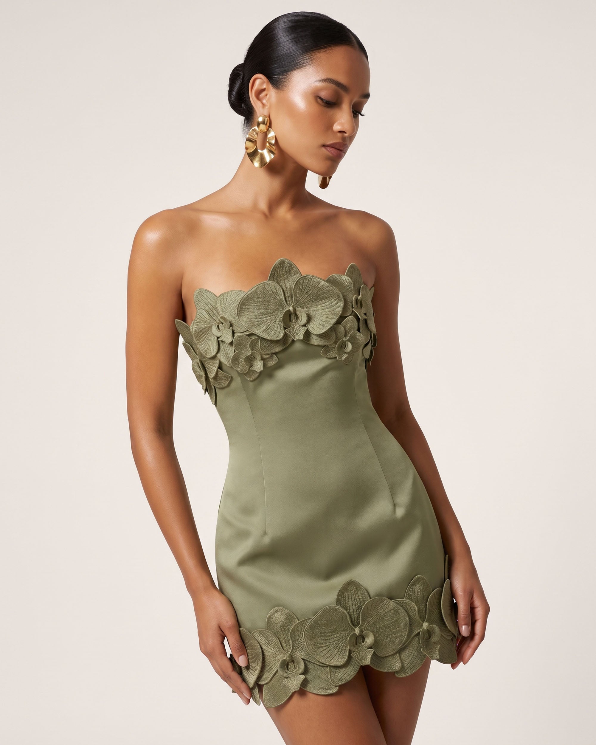 Orchid Trim Strapless Mini Dress - Greyish Green