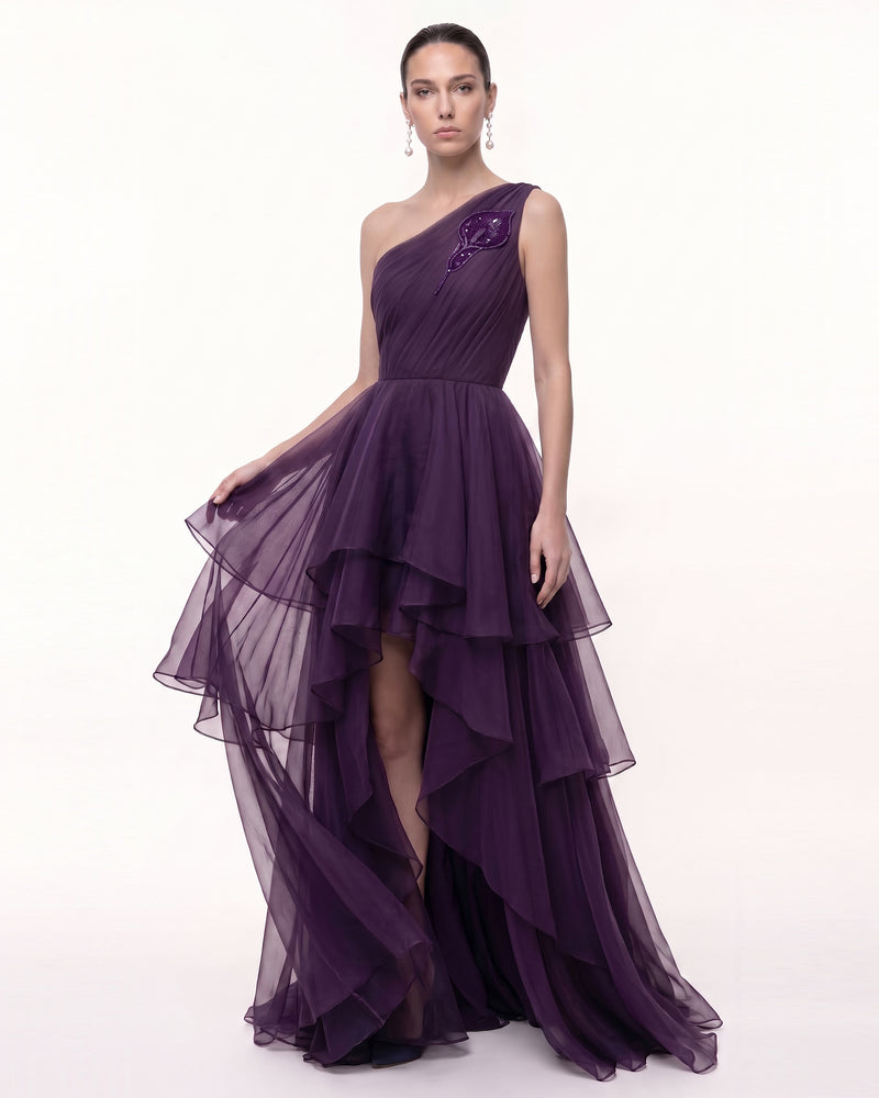 Calla Lily Embellished One-Shoulder Tiered High-Low Gown - Purple