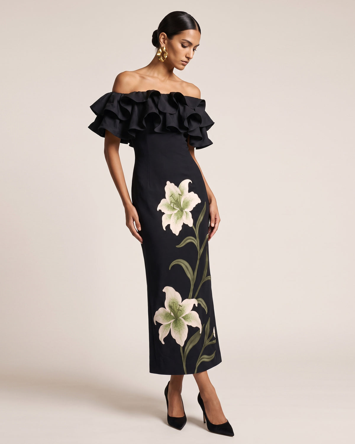 Lily Embroidered Ruffled Off-Shoulder Maxi Dress - Black