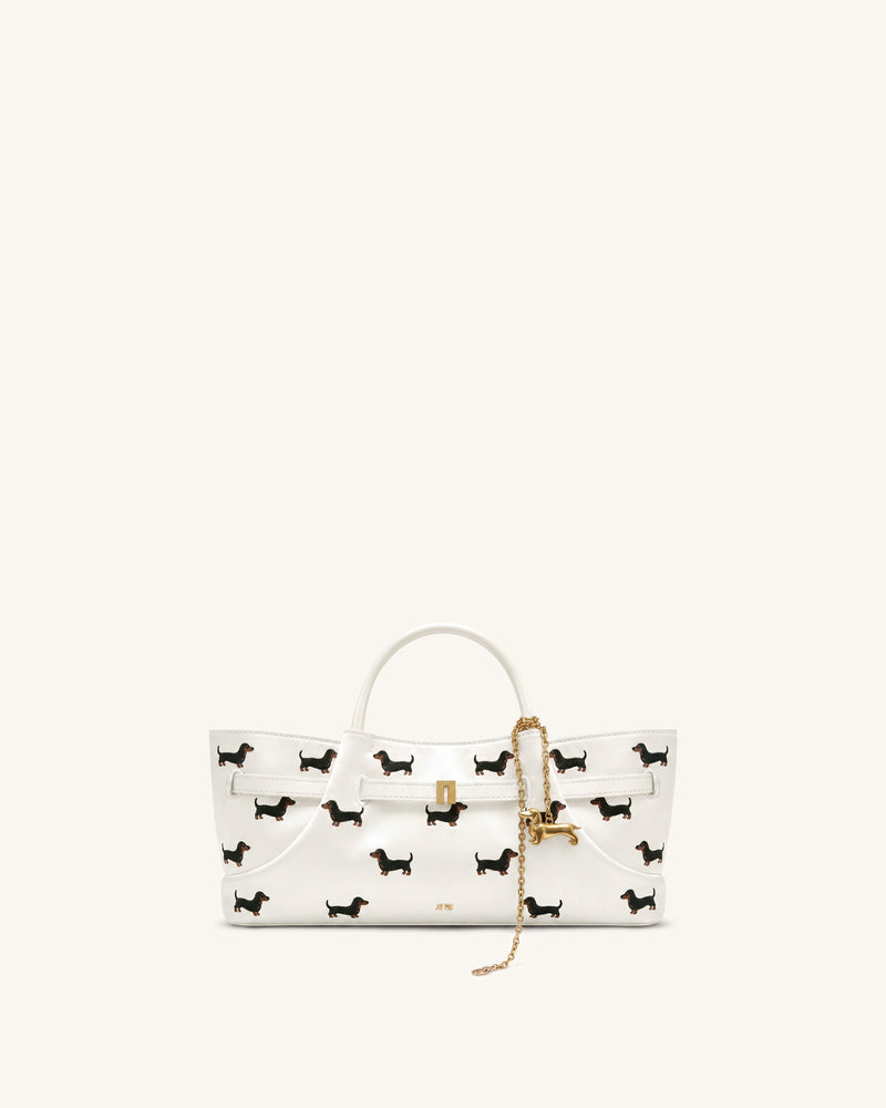 Maeve Satin Finish Embroidered Dachshund Metal Charm Tote Bag - White