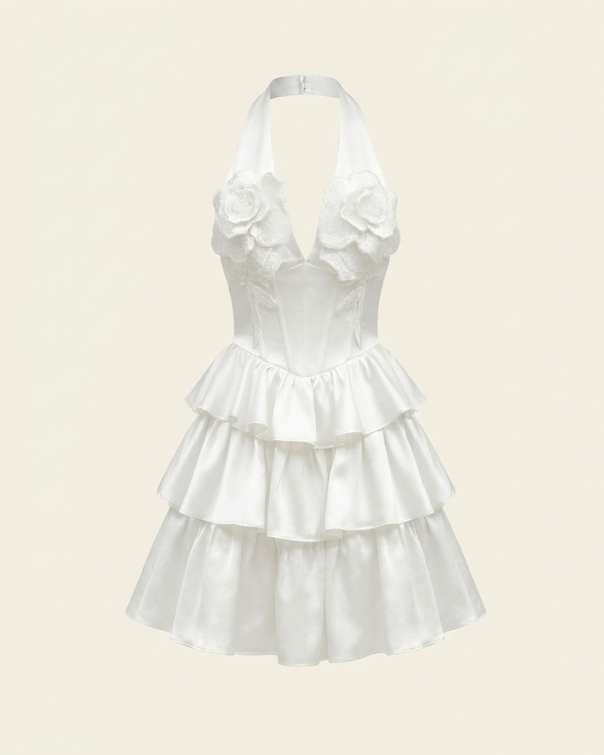 Flower Embroidered Tiered Halter Mini Dress - White