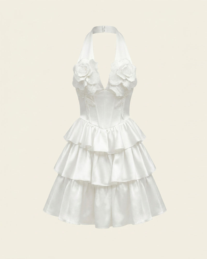 Flower Embroidered Tiered Halter Mini Dress - White