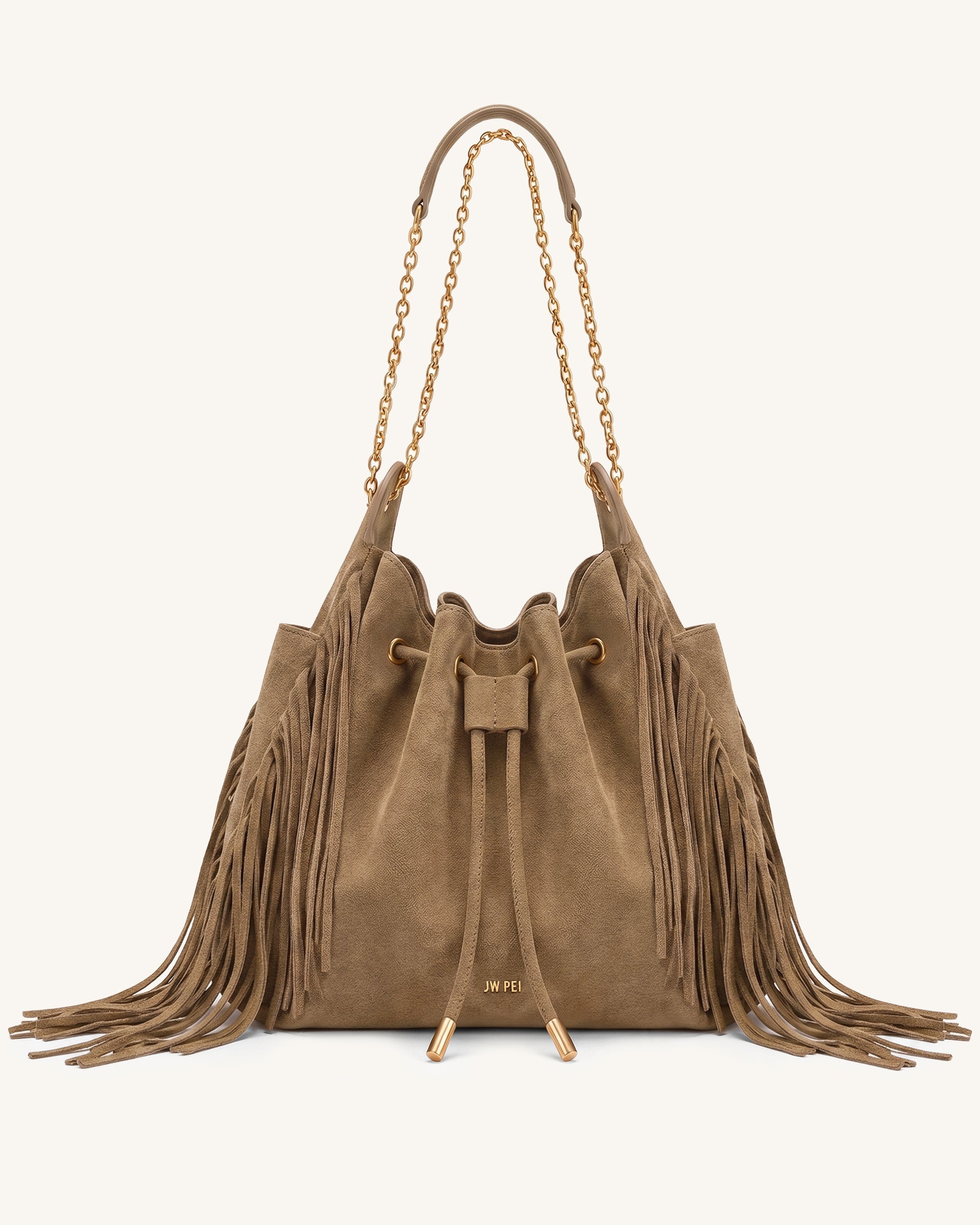 Rowan Faux Suede Tassel Ruched Drawstring Chain Bucket Bag - Brown