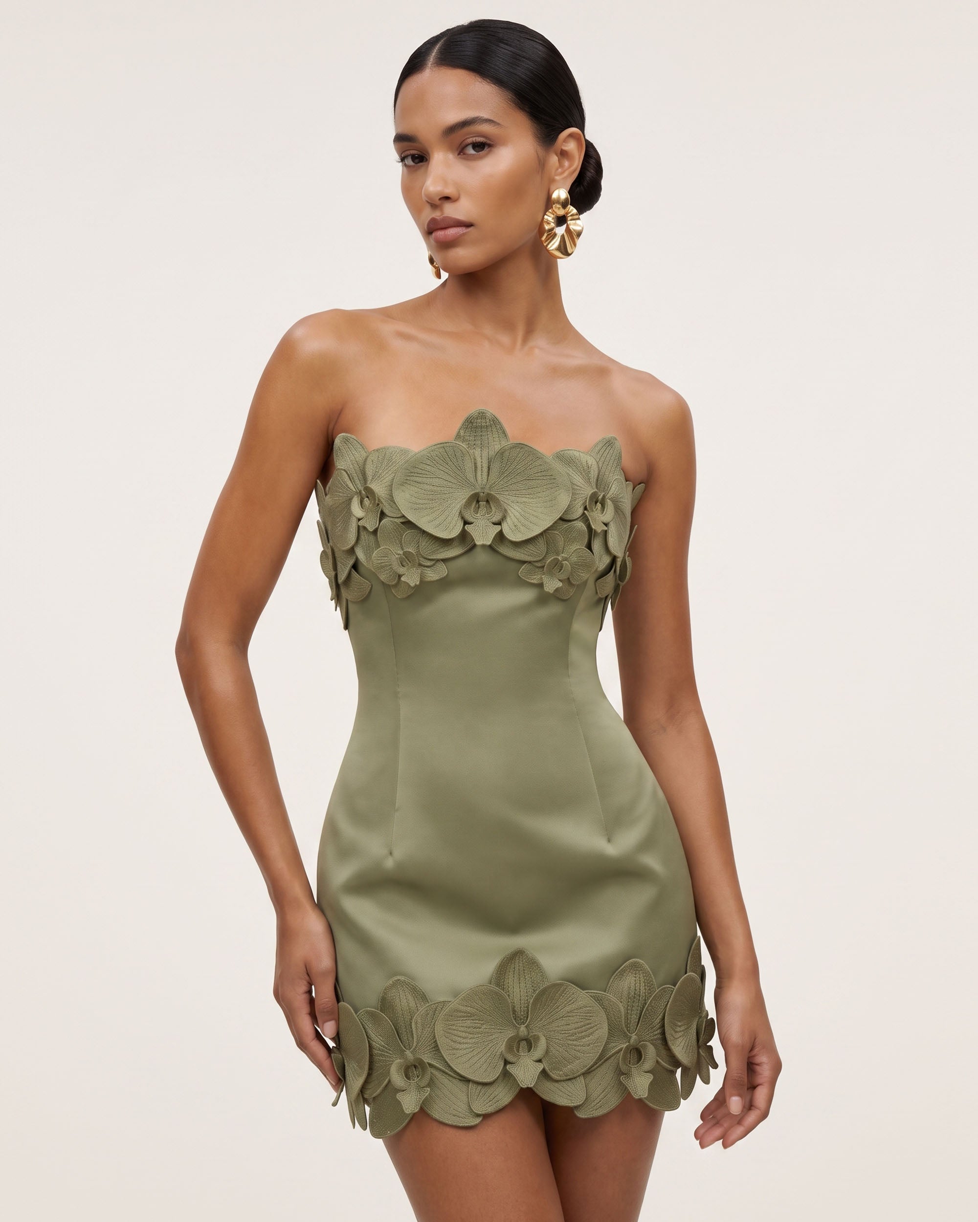 Orchid Trim Strapless Mini Dress - Greyish Green