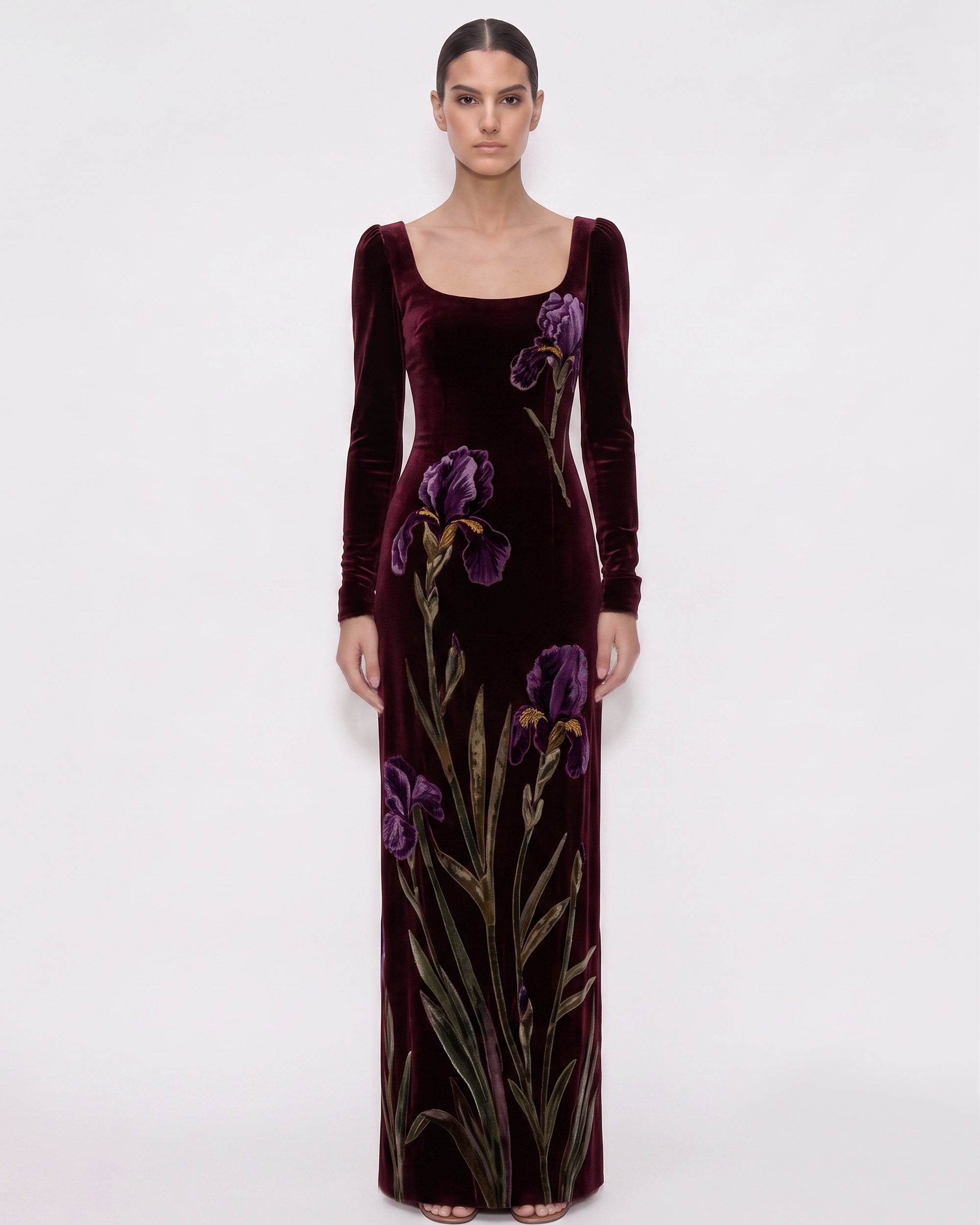 Velvet Iris Print Long Sleeve Maxi Dress - Burgundy