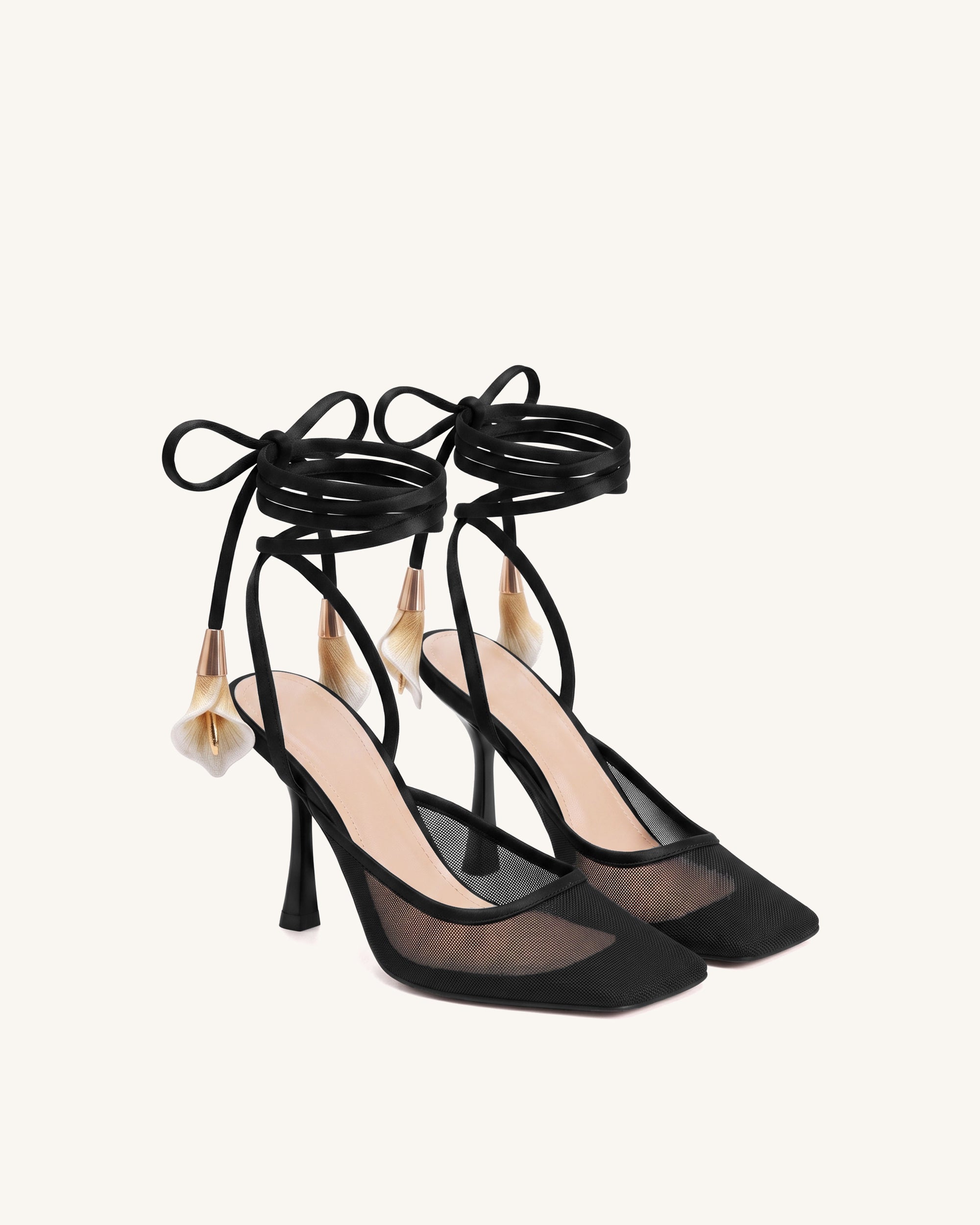Astrid Calla Lily Lace-Up Mesh Pumps - Black