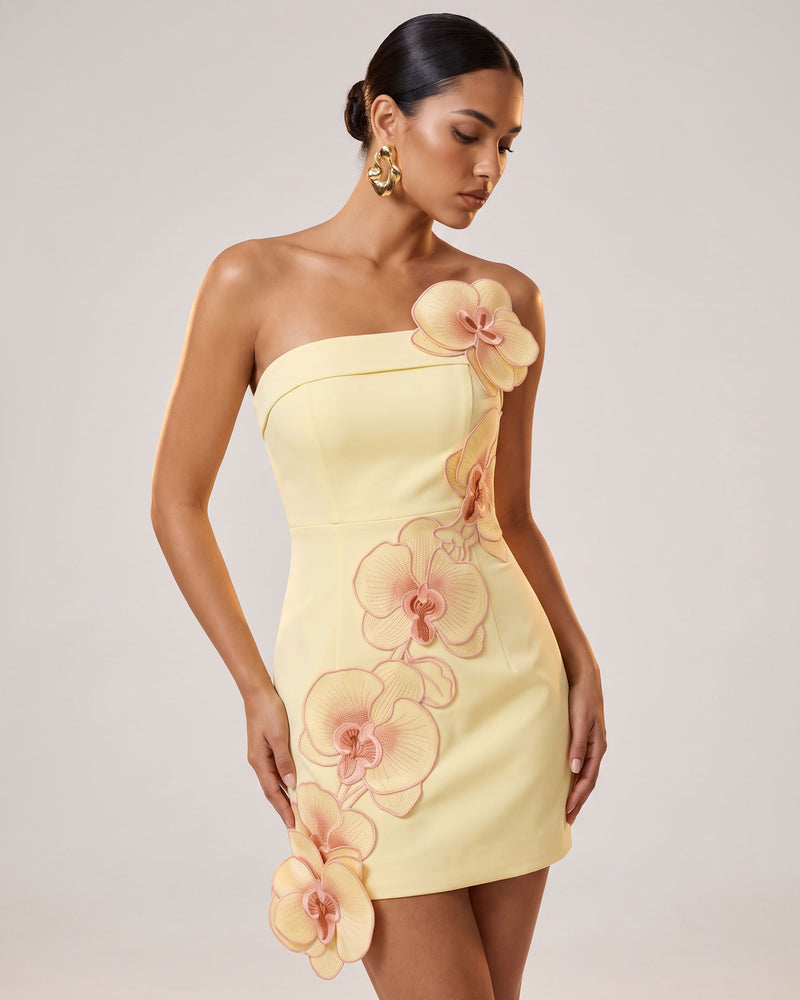 Orchid Embroidered Floral Appliqué Strapless Mini Dress - Light Yellow