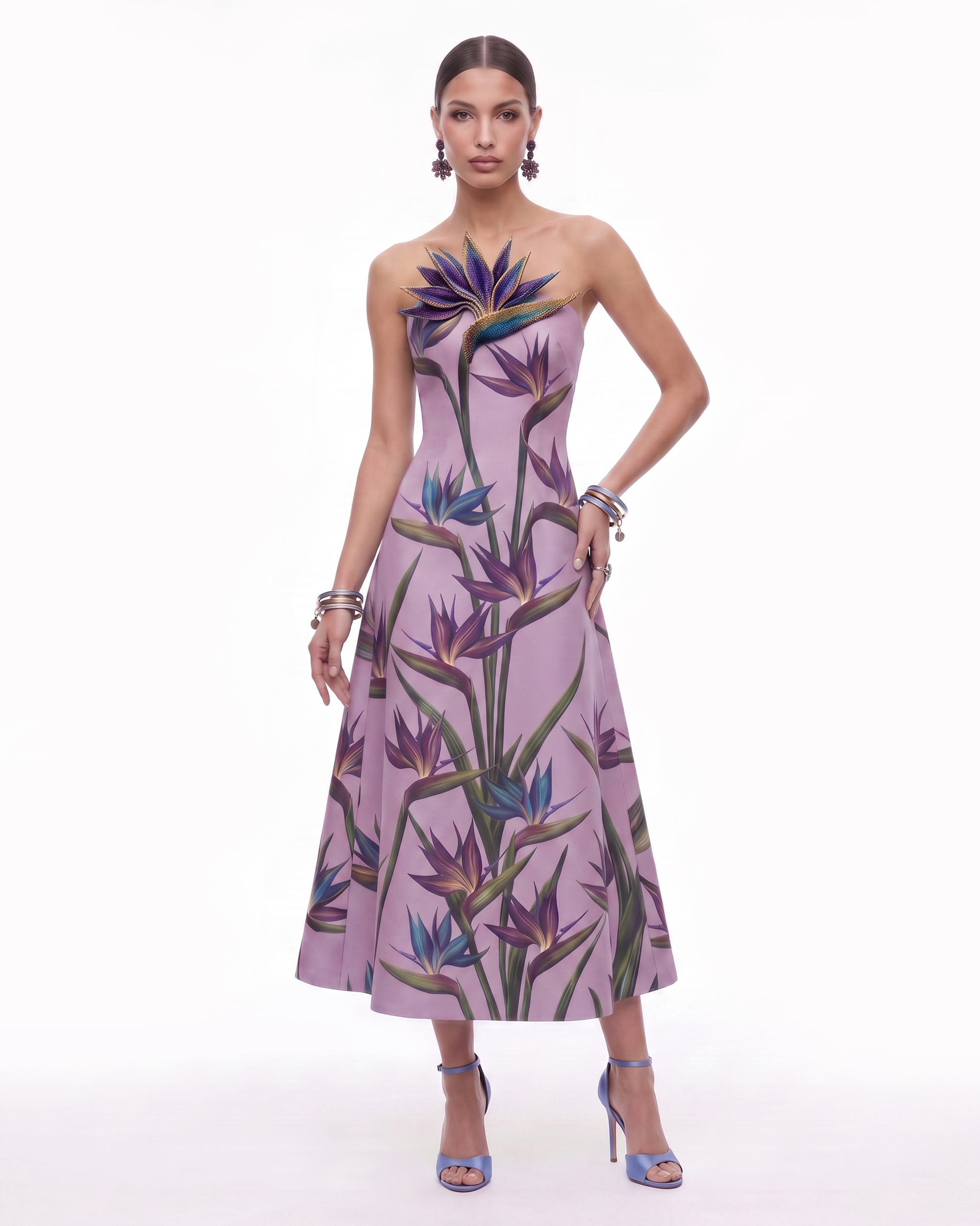 Bird of Paradise Appliqué Strapless A-Line Midi Dress - Purple