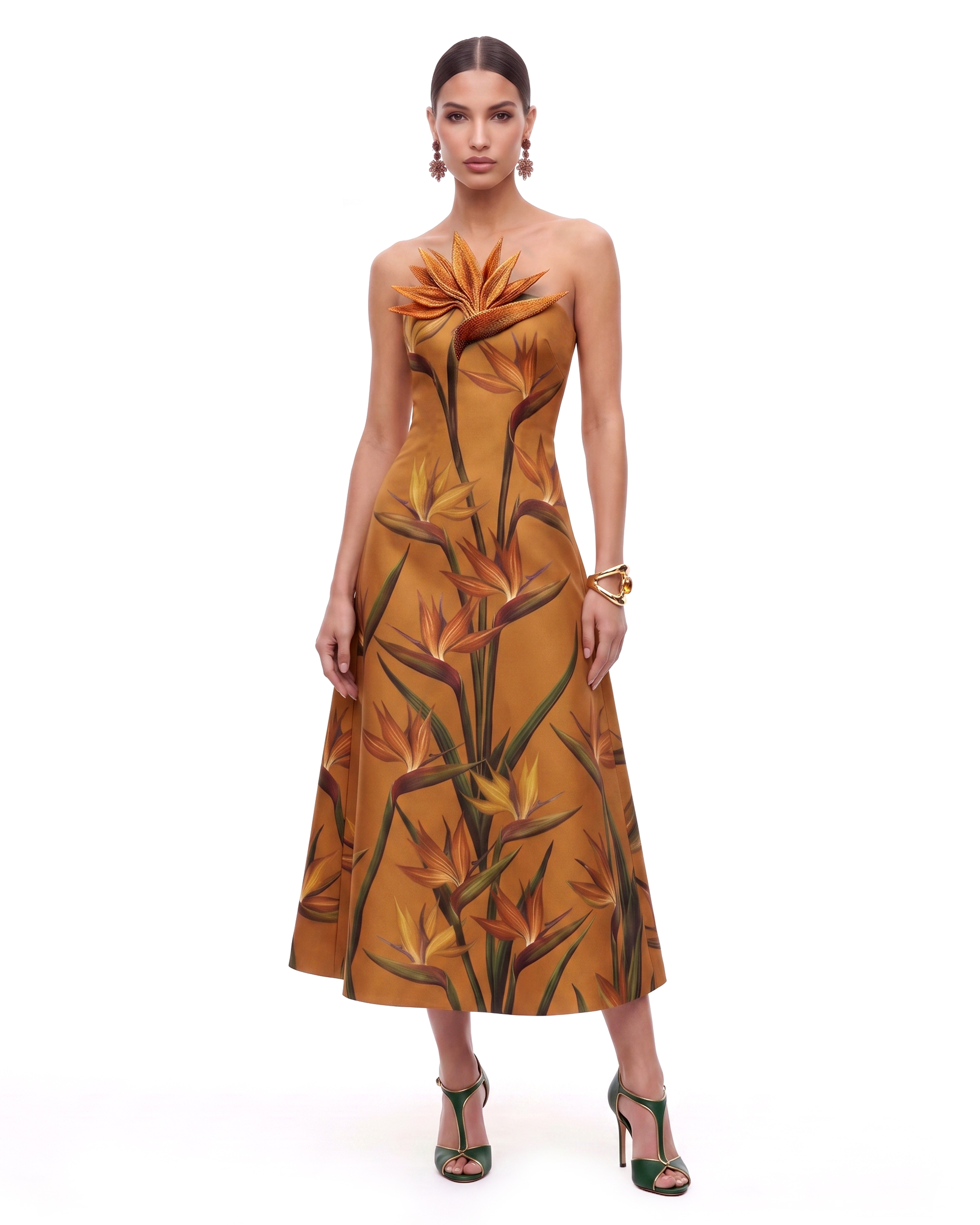 Bird of Paradise Appliqué Strapless A-Line Midi Dress - Yellow Ochre