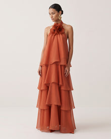 Poppy Embroidered Halter Tiered Ruffle Maxi Dress - Burnt Orange