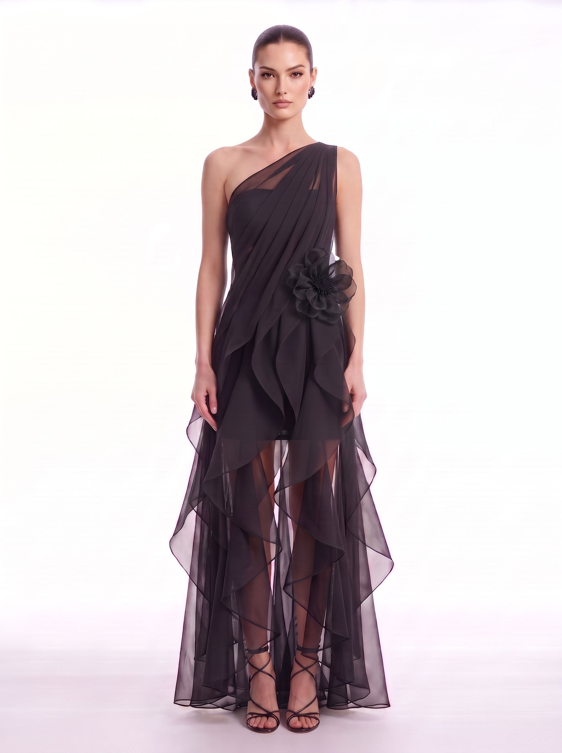 Floral Appliqué One-Shoulder Ruffle High-Low Dress - Black