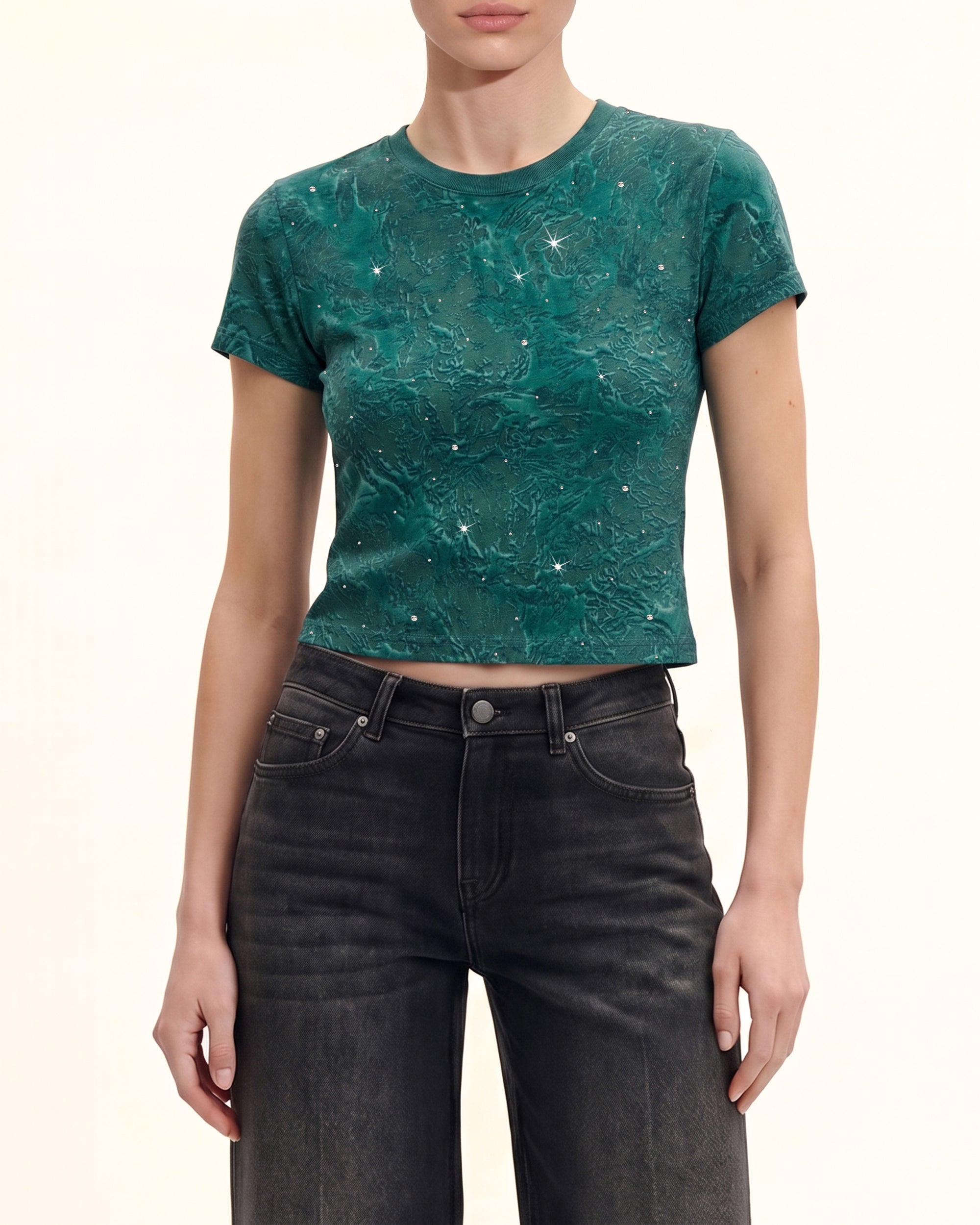 Crinkle Wash Rhinestone Cropped Tee - Emerald