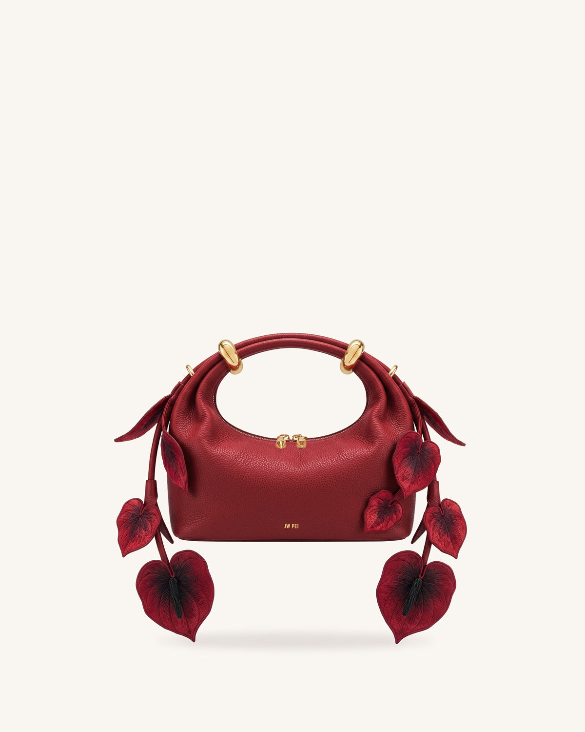 Ellie Metal Ring 3D Anthurium Embellished Top Handle Bag - Red