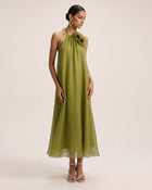 Poppy Embroidered Halter Neck Detail A-Line Midi Dress - Olive Green