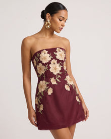 Floral Embroidered Strapless Corset Mini Dress - Burgundy
