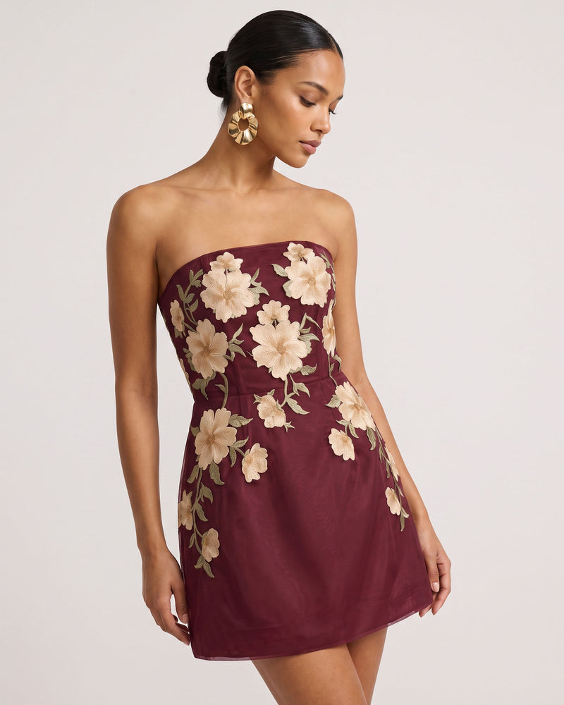 Floral Embroidered Strapless Corset Mini Dress - Burgundy