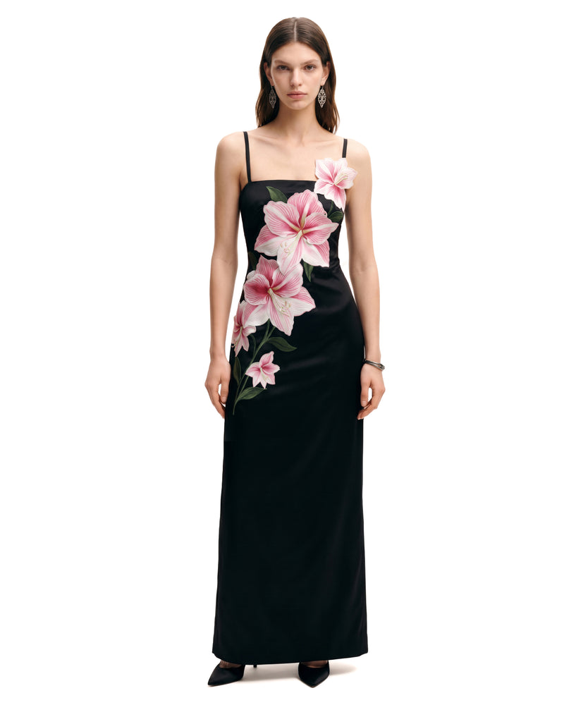 Amaryllis Appliqué Floral Cami Evening Gown - Black