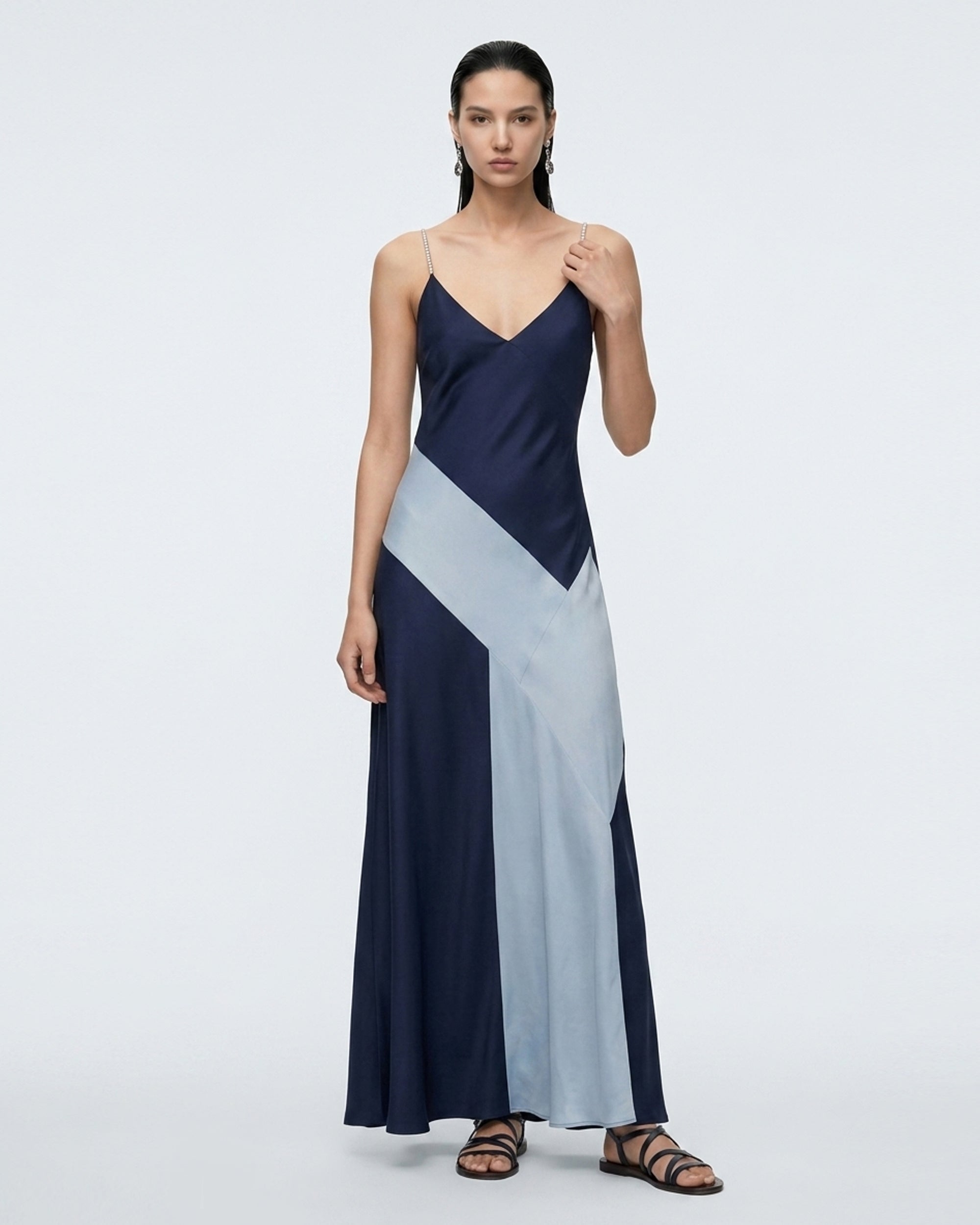 Colorblock Spaghetti Strap Maxi Dress - Navy & Light Blue