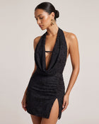 Orchid Beaded Embroidered Cowl Halter Slit Mini Dress - Black